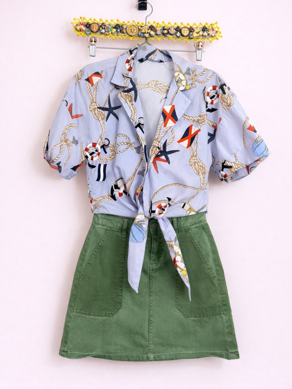 Tie-Front Nautical Print Maxi Dress in Light Blue and Green